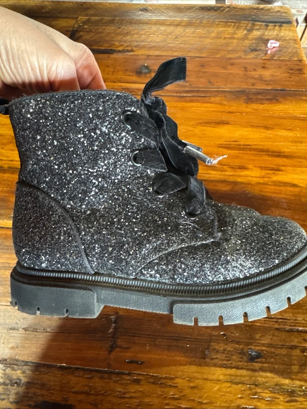 Cat & Jack Black Glitter Lace-Up Kids Boots with Ribbon Laces